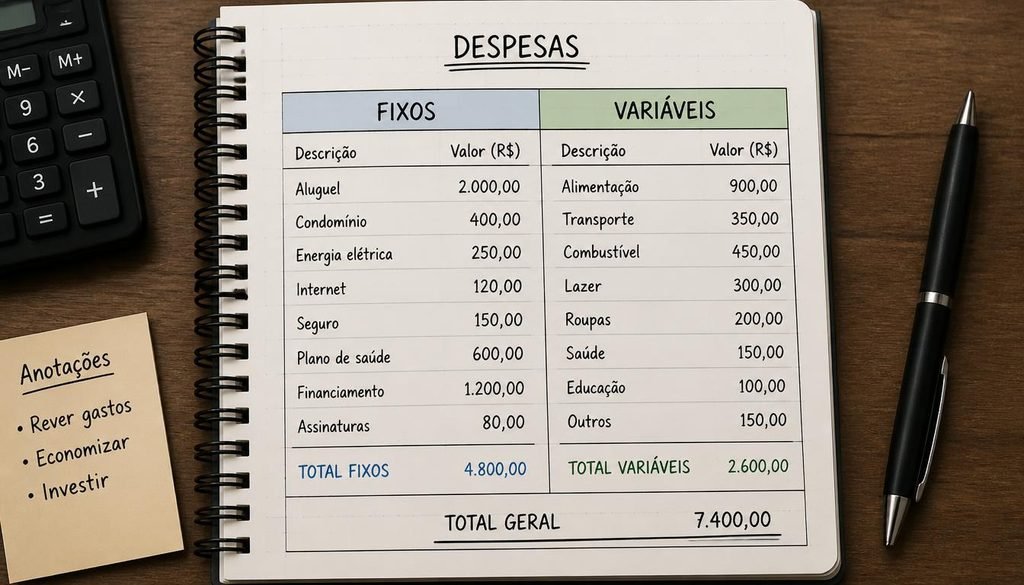 Orçamento mensal com gastos fixos e variáveis separados