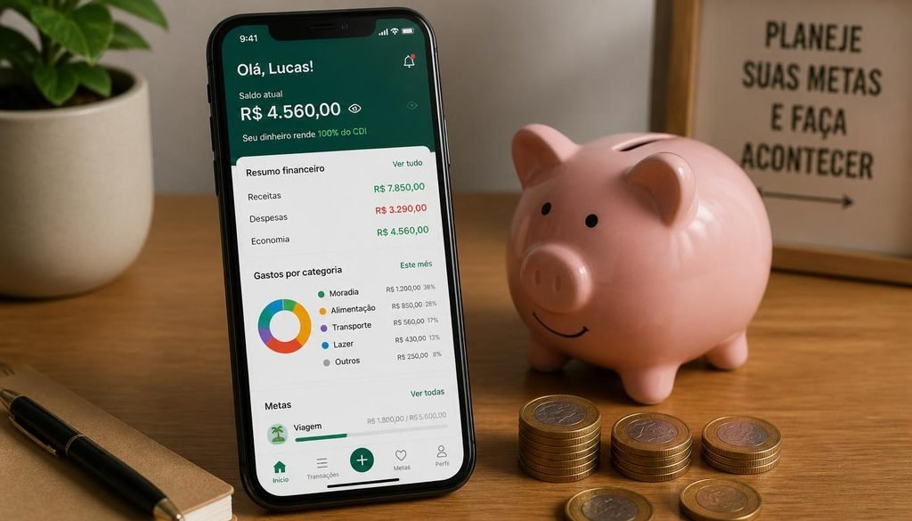 Aplicativo de finanças no celular para controlar o orçamento mensal