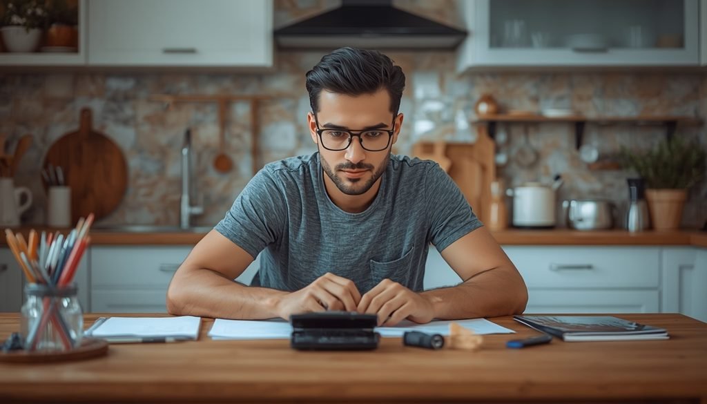 Pessoa montando orçamento mensal com caderno e calculadora